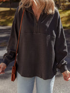 Sarah Express Women's Waffle Knit Patchwork Half Zip Casual Sweatshirt Dark Gray