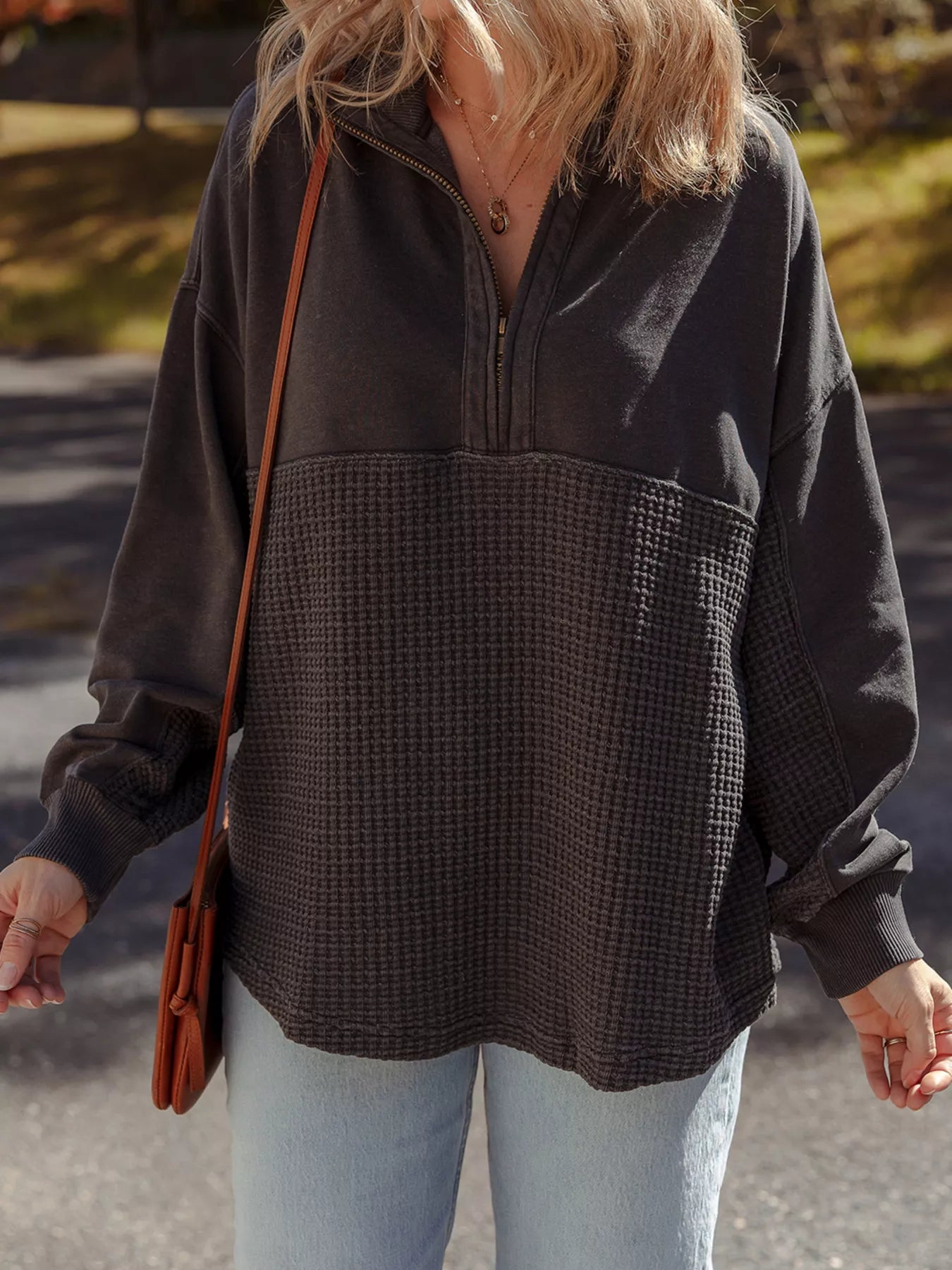 Sarah Express Women's Waffle Knit Patchwork Half Zip Casual Sweatshirt Dark Gray