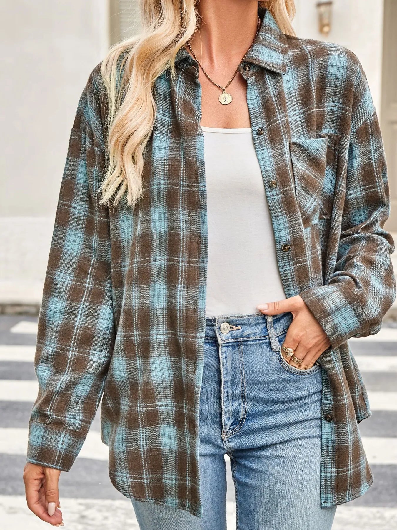 Sarah Express Women's Plaid Button Up Long Sleeve Shirt - Oversized Casual Top Turquoise