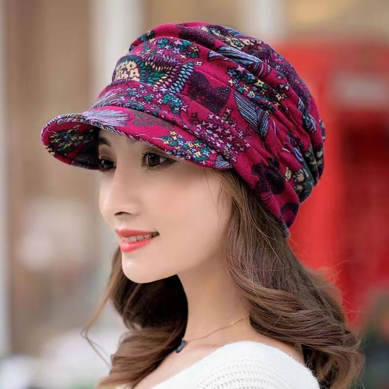 Floral Print Duck Cap Dome Hat Short Brim with Neck Protection
