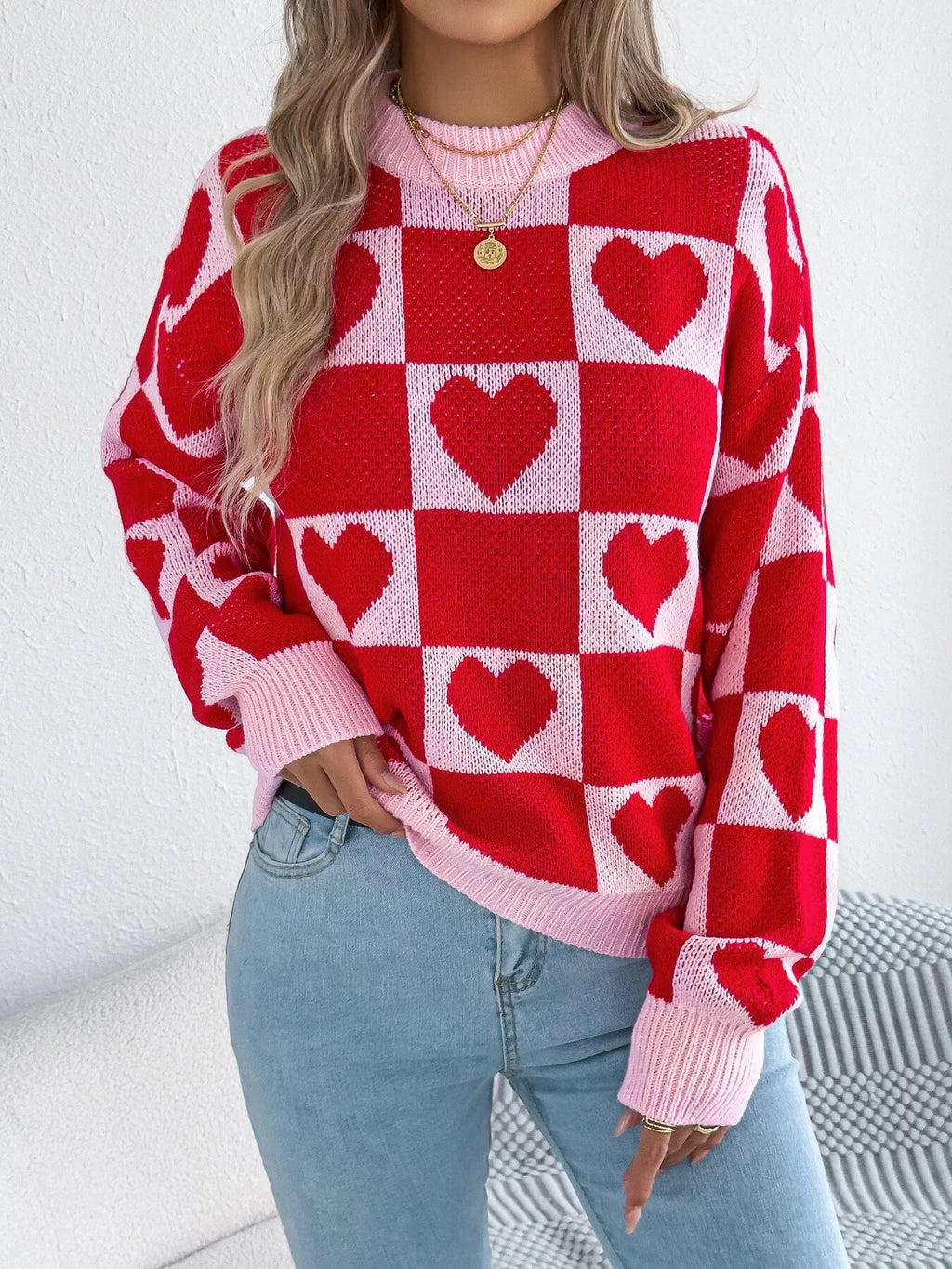 Sarah Express Women's Heart Checkerboard Pattern Round Neck Sweater