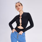 Women's Long Sleeve Fitted Top with Metal Accent Detail