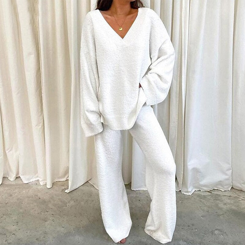 Women's V-Neck Long Sleeve Two-Piece Lounge Set with Pants