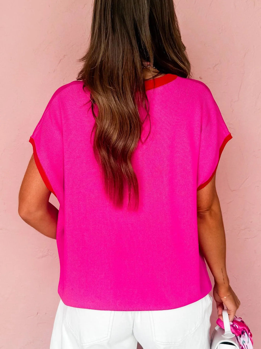 Sarah Express Women's Contrast Trim Round Neck Short Sleeve Sweater