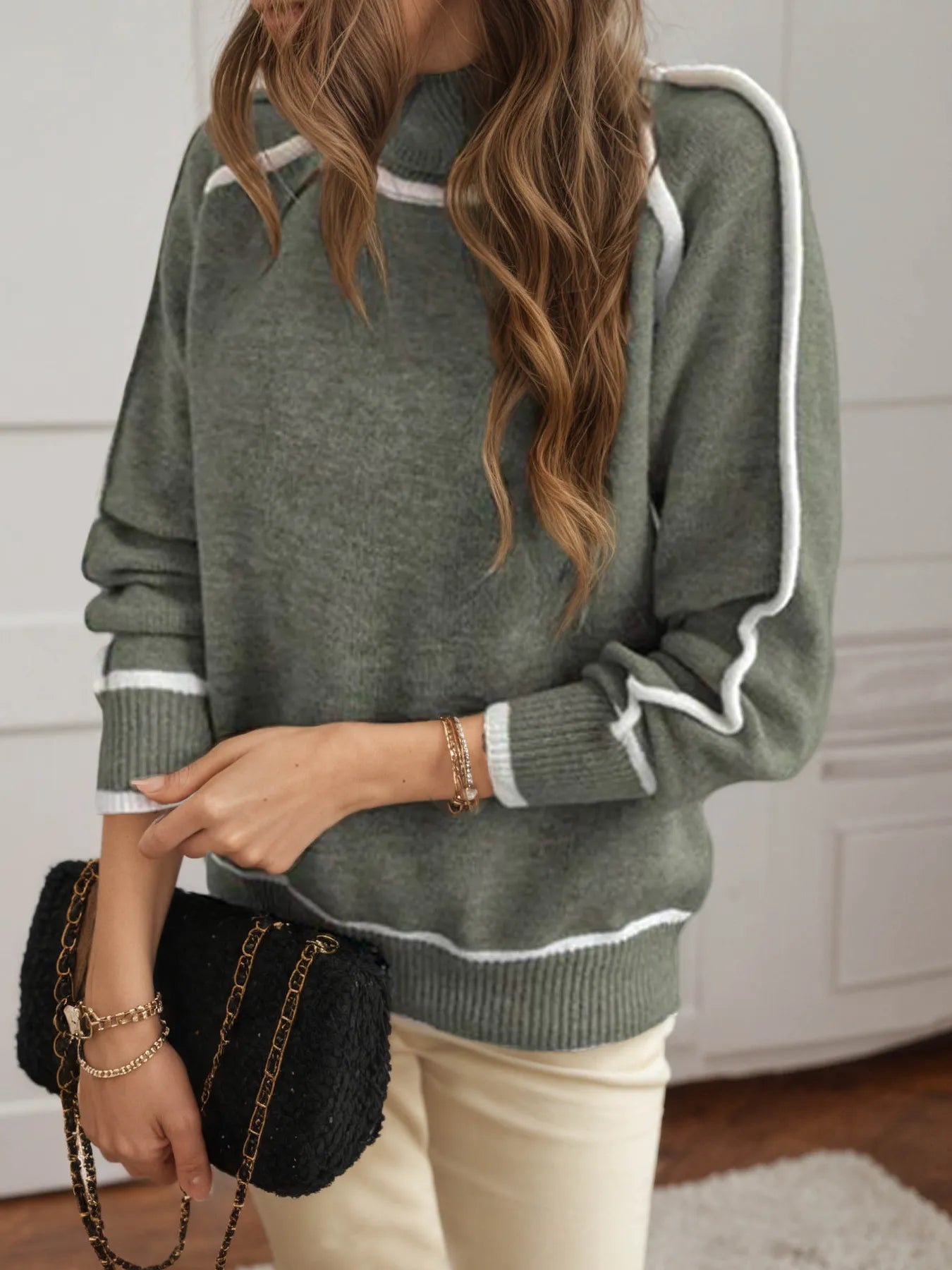 Sarah Express Women's Turtleneck Contrast Trim Sweater with Ribbed Details Moss