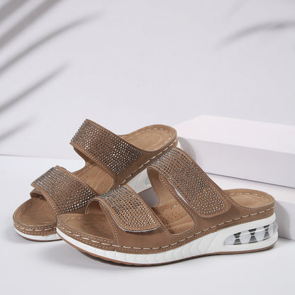 Sarah Express Women's Air Cushion Wedge Sandals – Rhinestone Embellished Beach Slides with Non-Slip Wedge Sole Brown