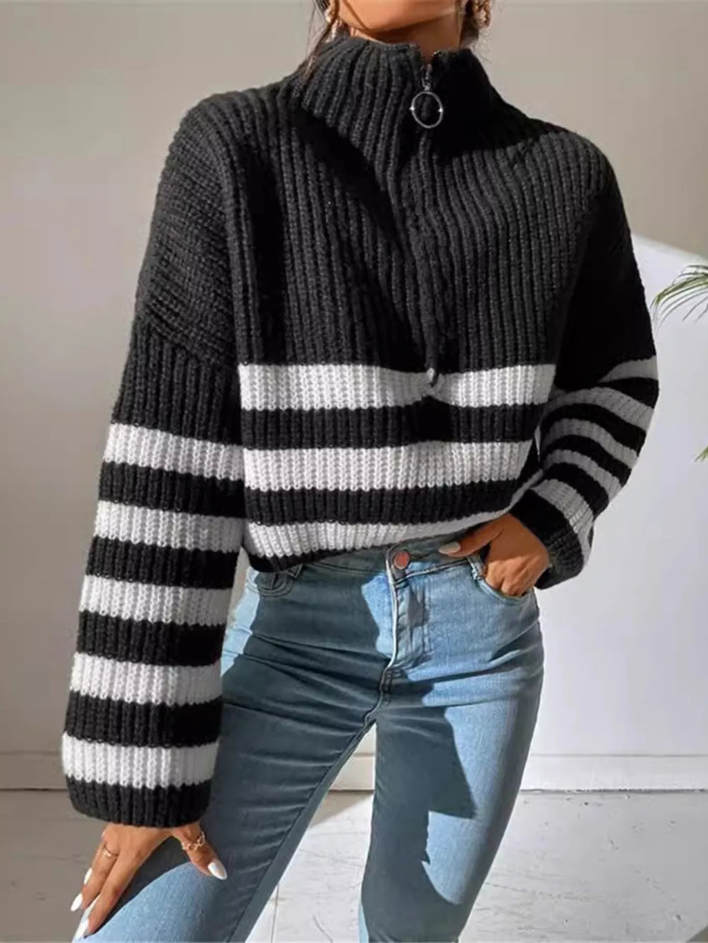 Sarah Express Women's Striped Half Zip Cropped Sweater