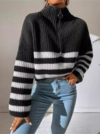 Sarah Express Women's Striped Half Zip Cropped Sweater