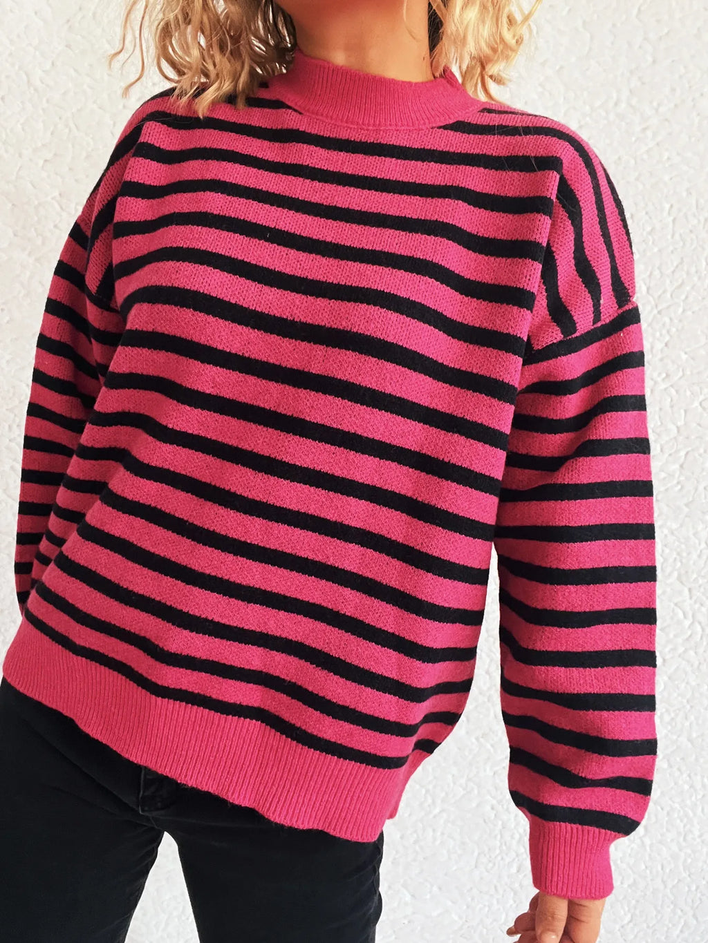 Sarah Express Women's Striped Mock Neck Long Sleeve Sweater - Oversized Ribbed Knit Top