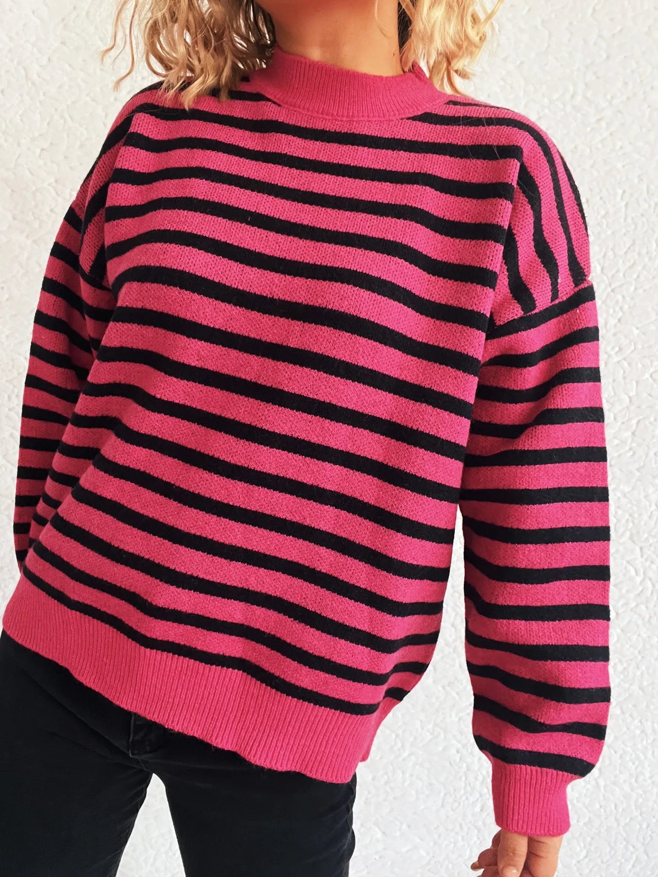 Sarah Express Women's Striped Mock Neck Long Sleeve Sweater - Oversized Ribbed Knit Top