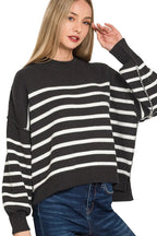  Exposed Seam Striped Oversized Sweater