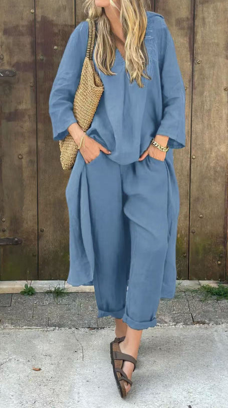 Two Piece Outfit V-Neck Tunic Top Wide Leg Pants Set Women's