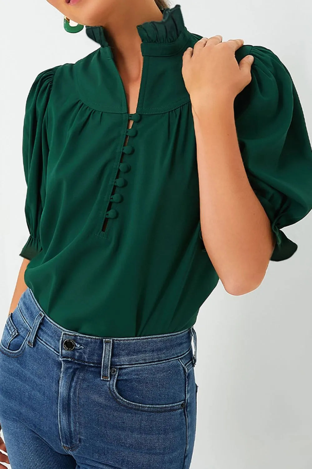 Sarah Express Women's Puff Sleeve Frilled Trim Elegant Blouse Dark Green