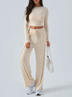 Sarah Express Women's Round Neck Long Sleeve Top and Pants Set Apricot