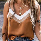 Khaki Chevron Color Block Tank Top Spaghetti Straps Sleeveless