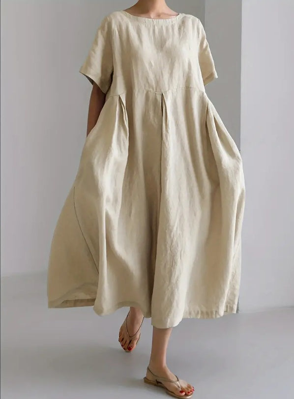 Cotton Linen Fitted Dress Short Sleeve Crew Neck with Pockets