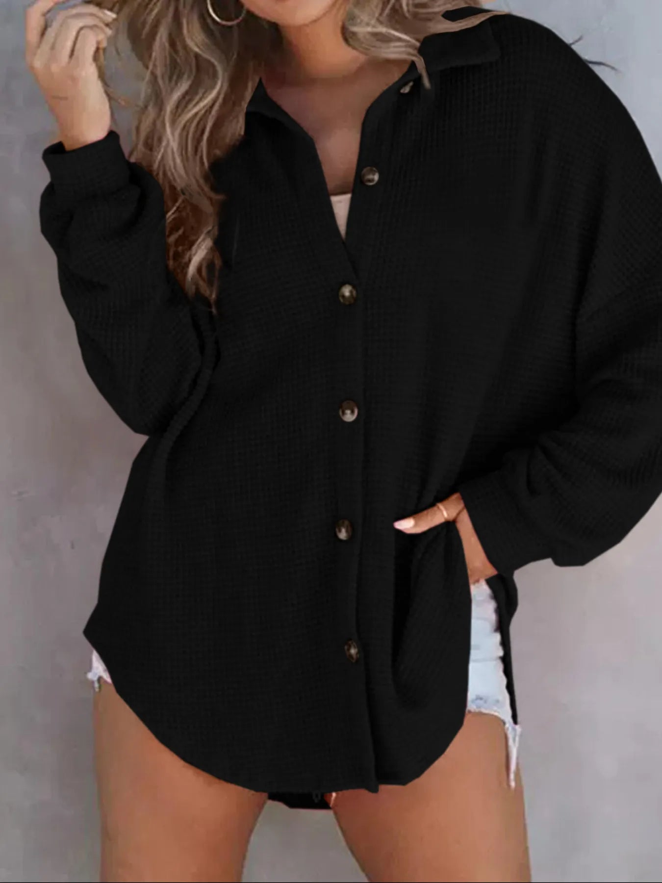 Sarah Express Women's Waffle Knit Button-Down Shirt