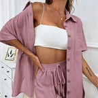 Women's Two-Piece Shirt & Shorts Set - Solid Color Cotton Coordinated Suit