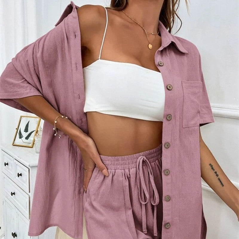 Women's Two-Piece Shirt & Shorts Set - Solid Color Cotton Coordinated Suit