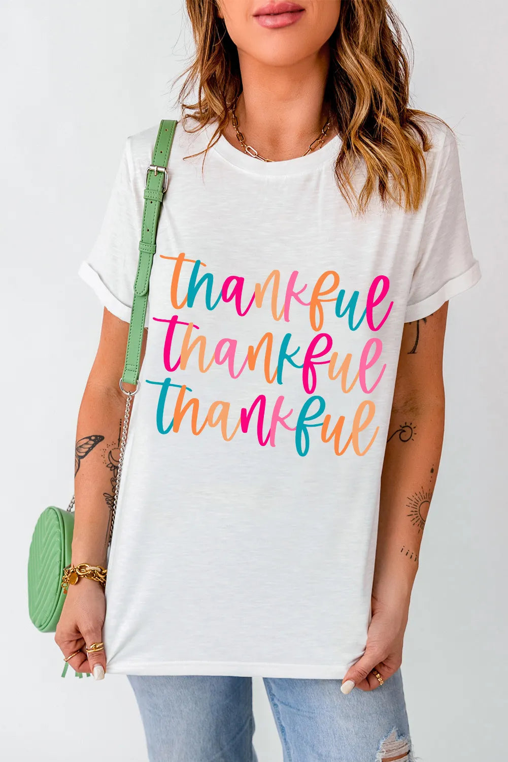Sarah Express Women's THANKFUL Round Neck Short Sleeve T-Shirt White