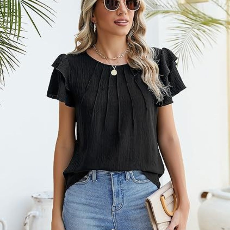 Women's Pleated Round Neck Blouse Short Sleeve Professional Work Top