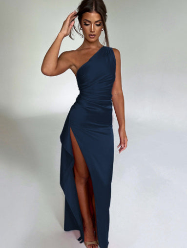 One Shoulder Backless Slit Satin Maxi Dress Women's Evening Party