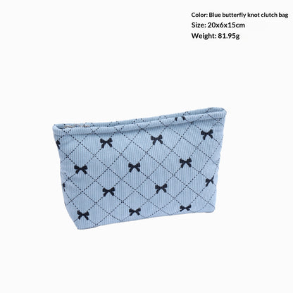 Sarah Express Corduroy Bow-Knot Makeup Bag - Large Capacity Cosmetic Organizer with Zipper Blue Bow Clutch