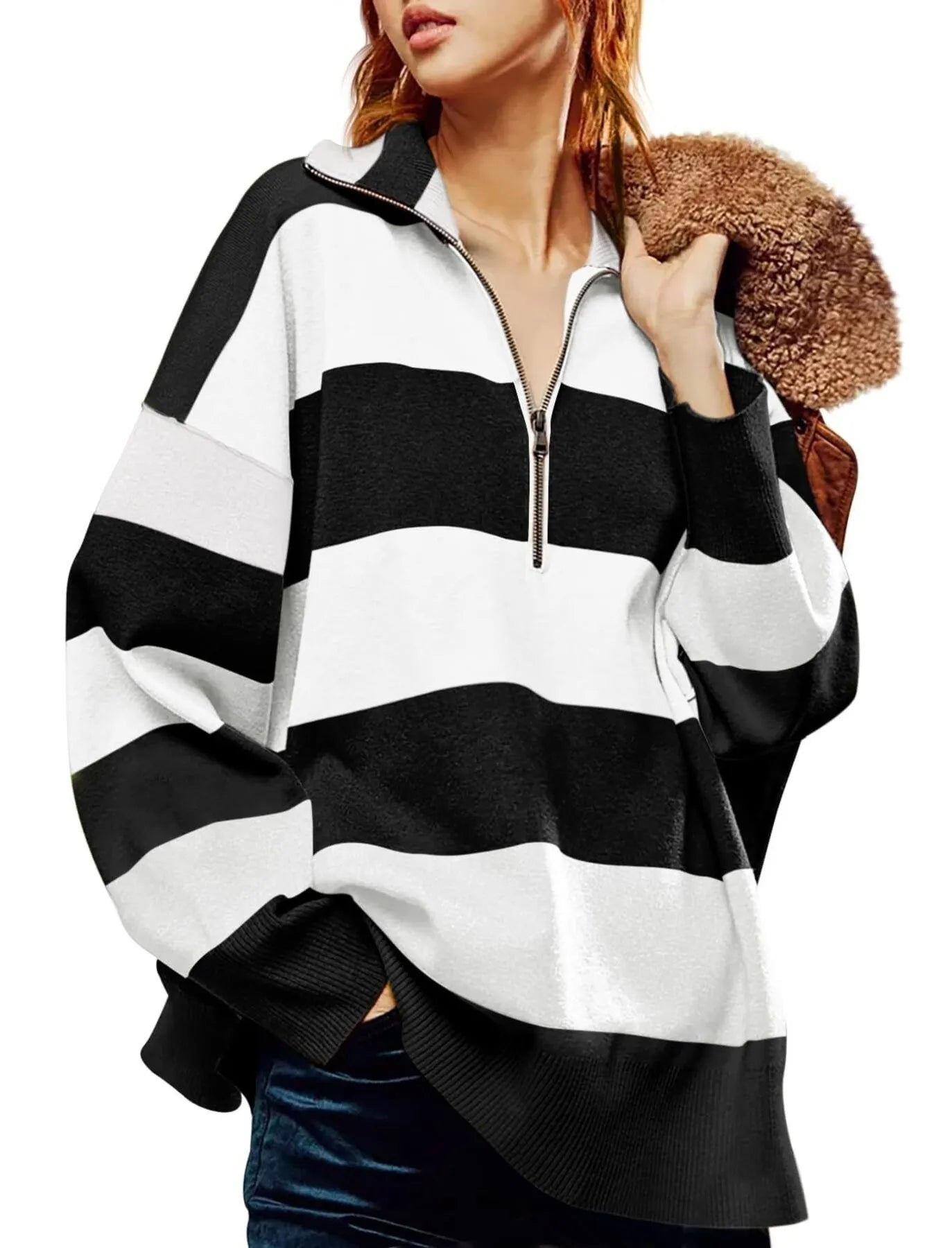 Sarah Express Women's Striped Half-Zip Oversized Sweatshirt - Retro Color Block Pullover Black