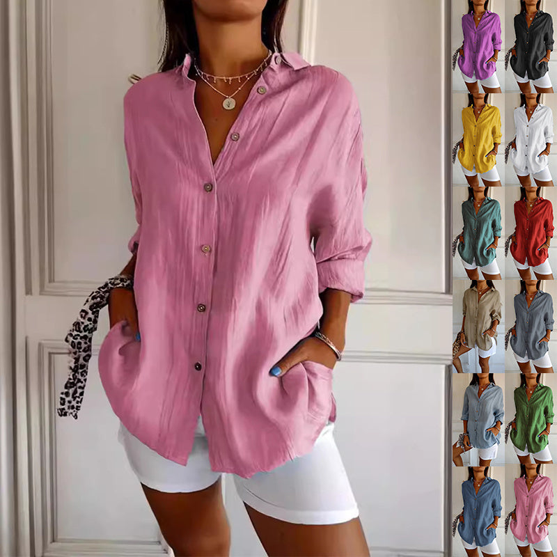 Women's Lapel Long Sleeve Pleated Button Front Shirt Blouse