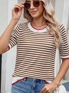 Sarah Express Women's Striped Casual T-Shirt with Contrast Trim