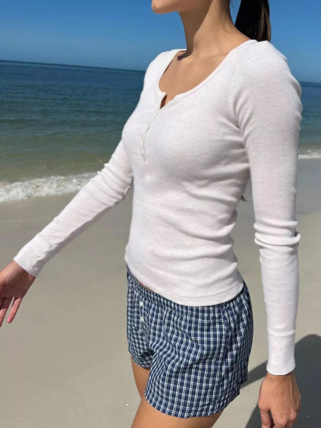 Sarah Express Women's Striped Long Sleeve Henley T-Shirt White