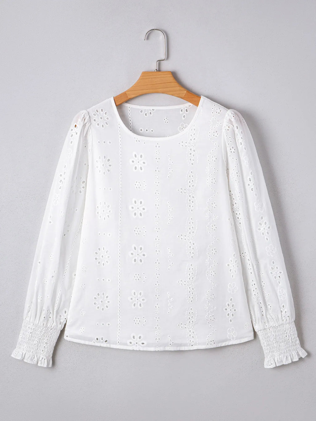 Sarah Express Women's Eyelet Long Sleeve Blouse with Elastic Cuffs