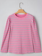 Sarah Express Women's Stripe Textured Knit Round Neck Puff Sleeve Top