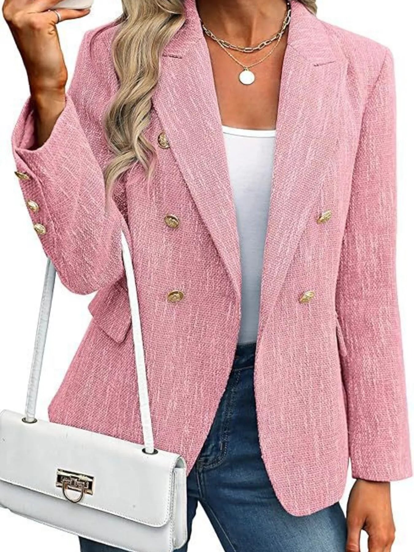 Sarah Express Women's Double-Breasted Lapel Collar Blazer Pale Blush