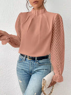 Sarah Express Women's Mock Neck Sheer Lace Sleeve Blouse