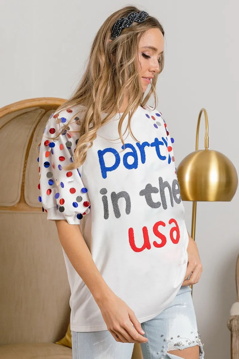 Sarah Express Women’s "Party In The USA" Spangle Puff Sleeve Top