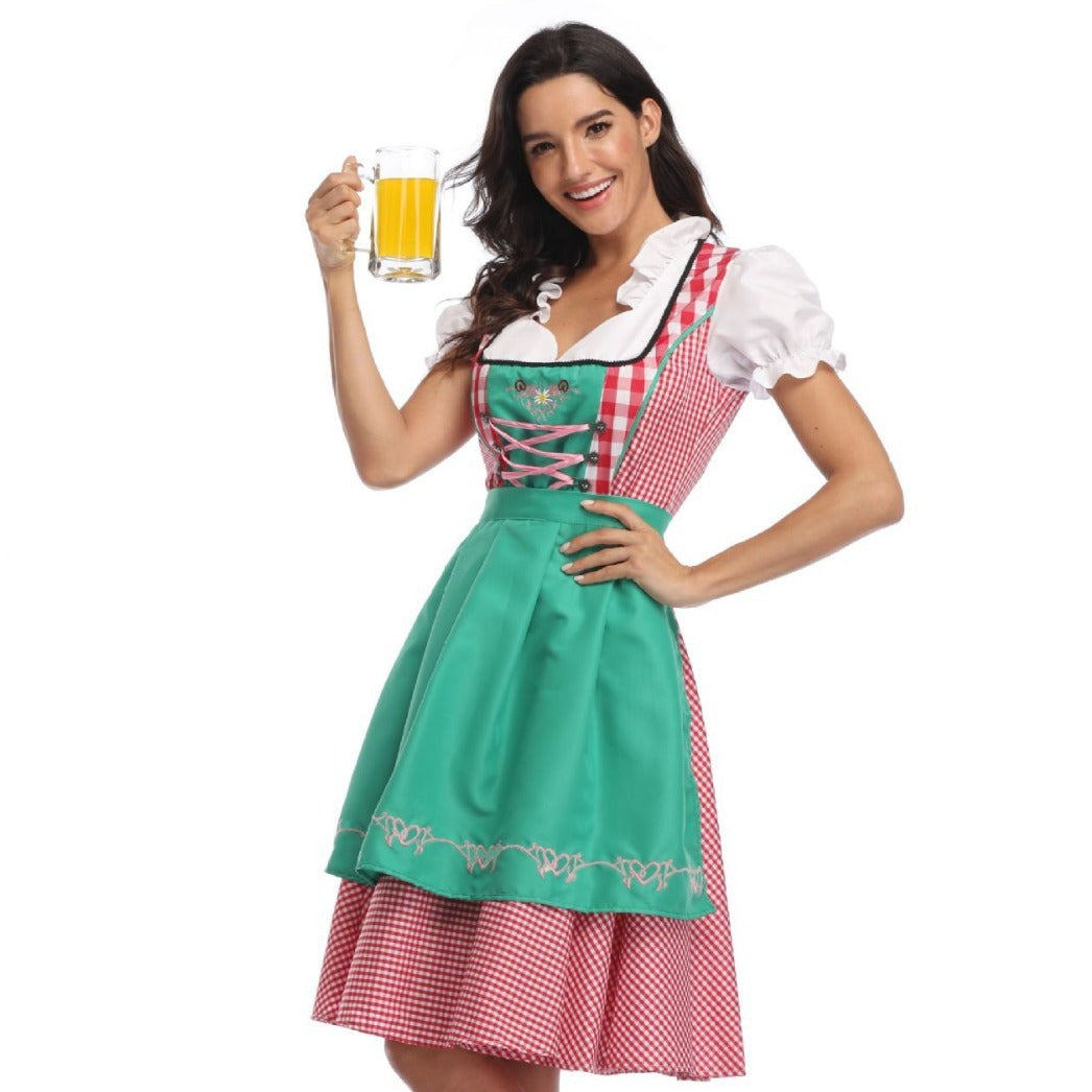 Women's Oktoberfest Dirndl Costume Bavarian Dress with Apron and Ribbon