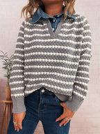 Sarah Express Women's Contrast Striped Sweater with Denim Collar - Openwork Knit Pullover
