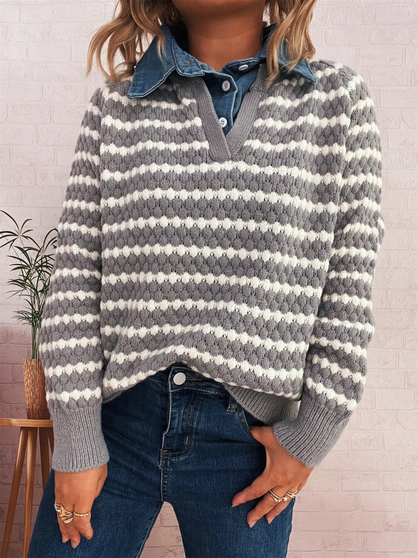 Sarah Express Women's Contrast Striped Sweater with Denim Collar - Openwork Knit Pullover