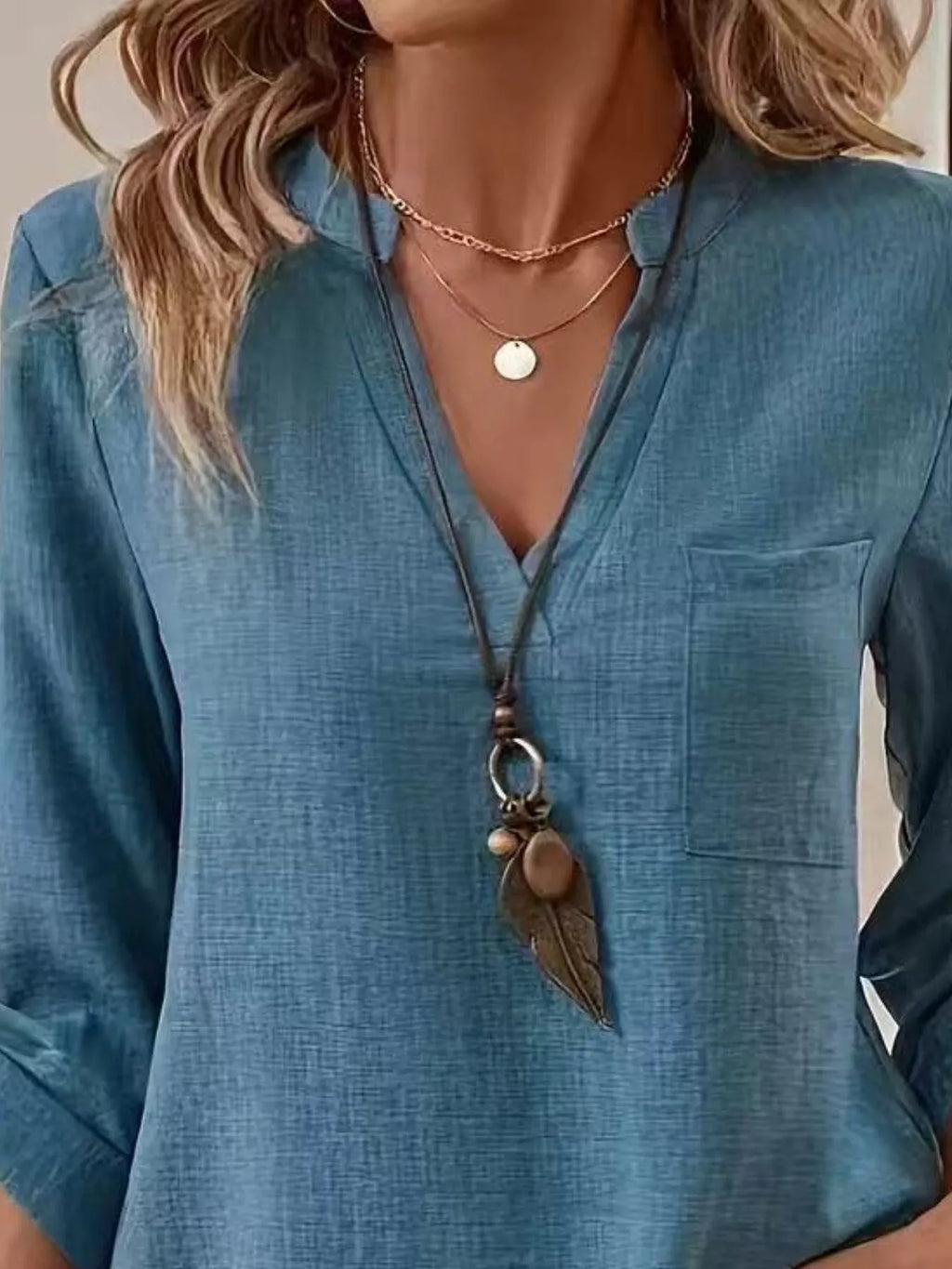 Sarah Express Women's Roll-Up Sleeve Notched Blouse