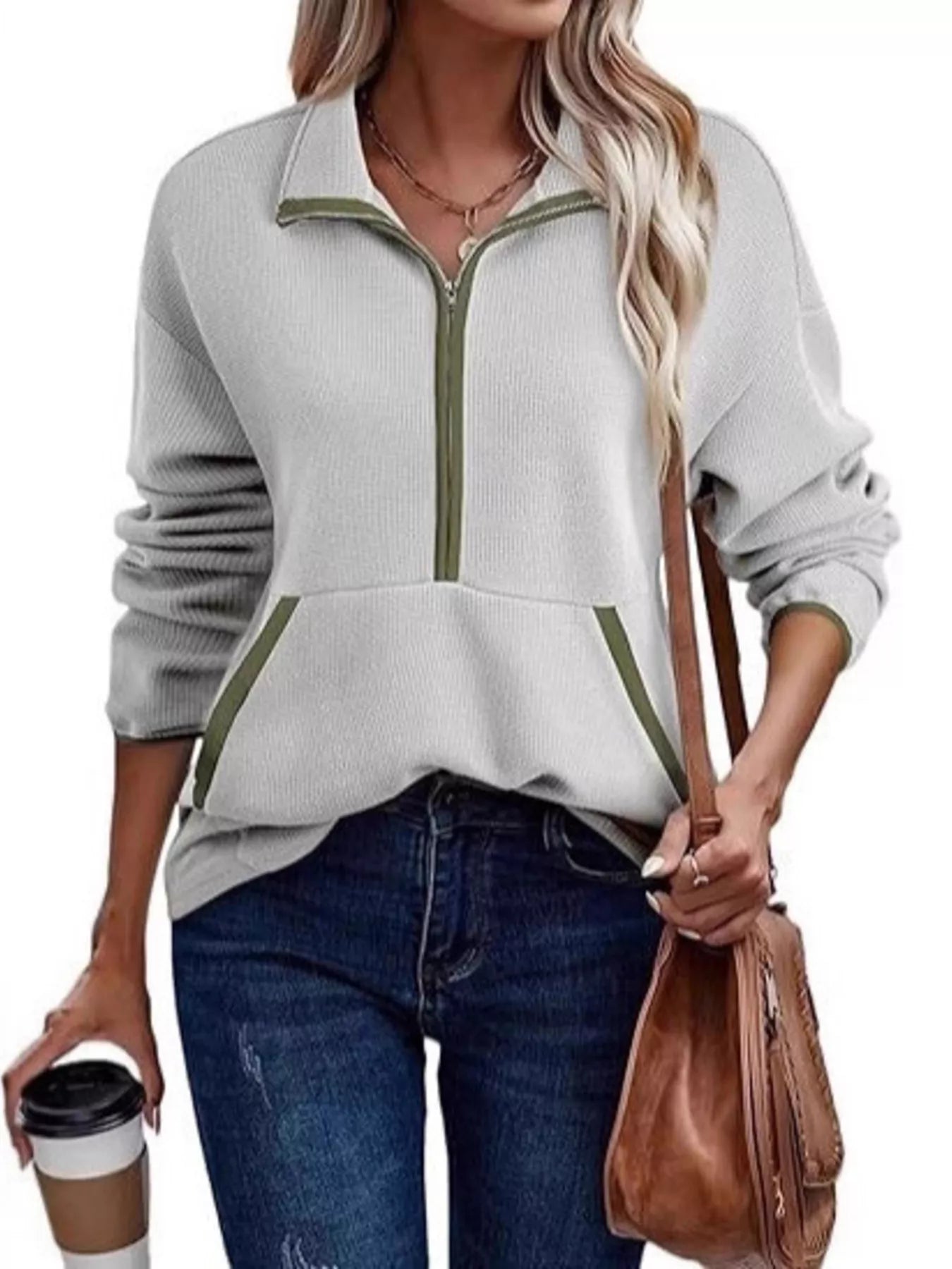 Sarah Express Women's Half Zip Dropped Shoulder Sweatshirt Light Gray