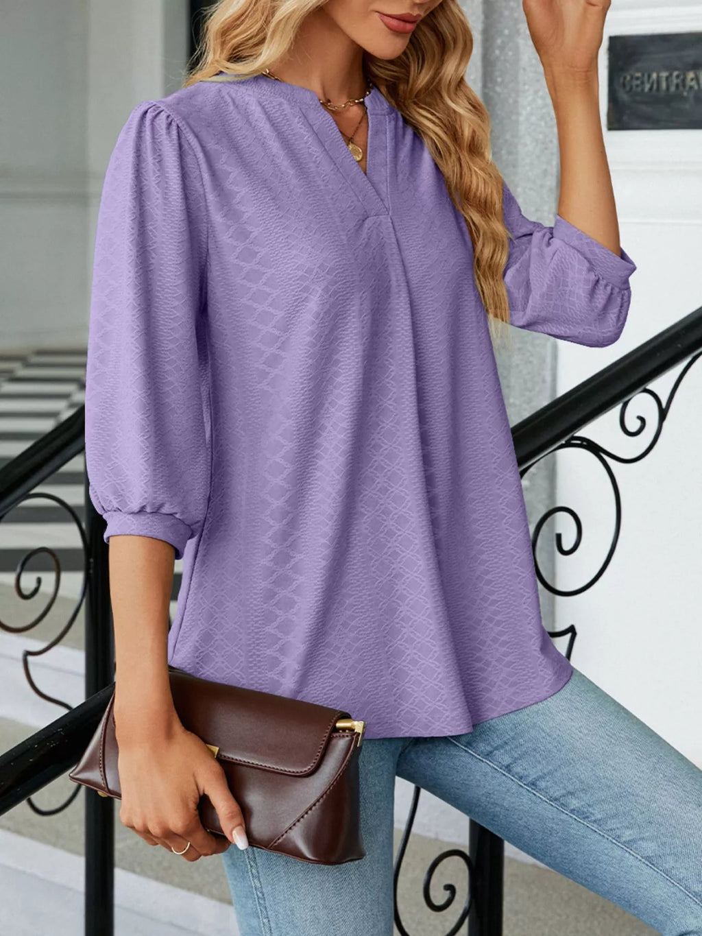 Sarah Express Women's Notched 3/4 Sleeve Casual Top