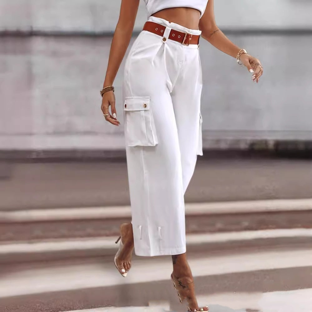 Wide Leg Trousers High Waist Contrast Belt Professional Pants