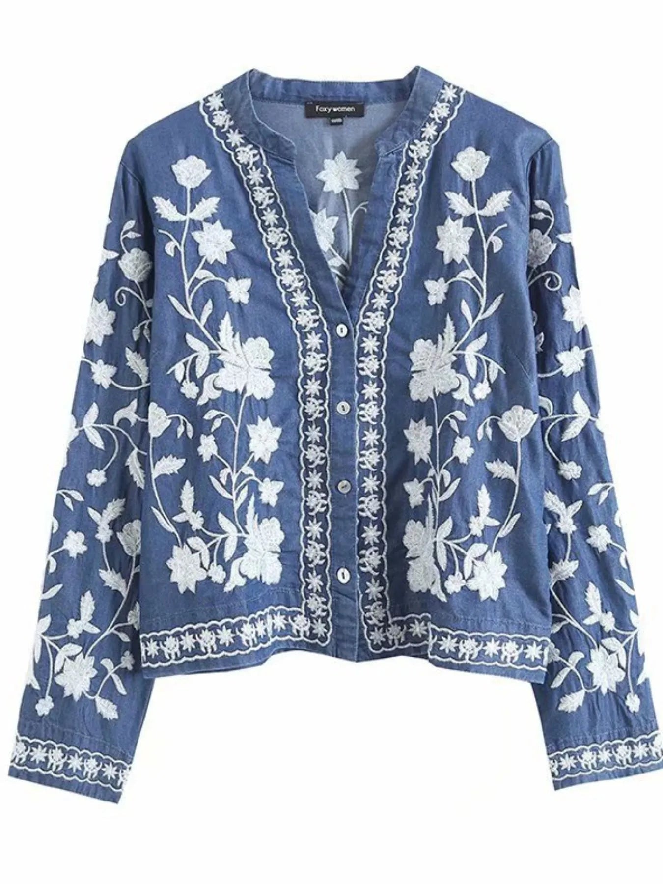 Sarah Express Women's Floral Embroidered Button Up Denim Shirt