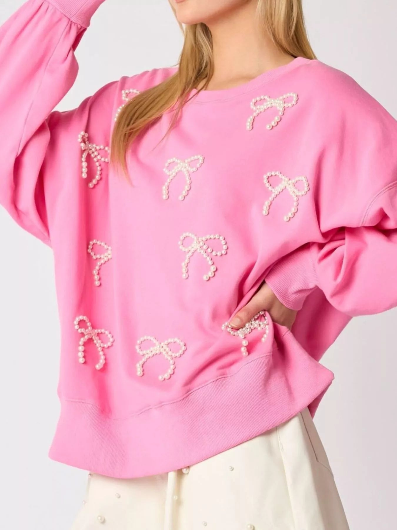 Sarah Express Women's Pearl Embellished Bow Long Sleeve Sweatshirt Pink