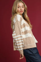 Sarah Express Women’s Stripe Cable-Knit Button-Up Cardigan Casual Fall Winter