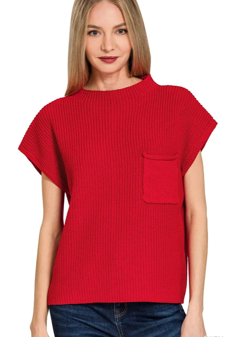Sarah Express Women’s Red Short Sleeve Mock Neck Ribbed Sweater