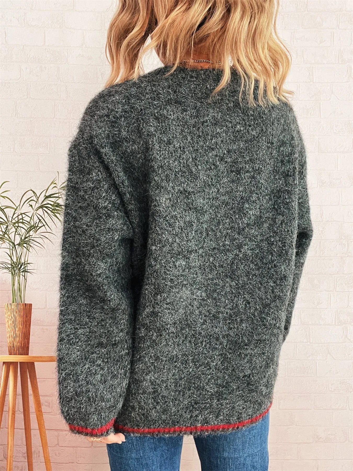 Sarah Express Women's Contrast Trim Round Neck Cozy Sweater