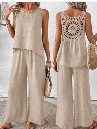 Women's Sleeveless Top and Pants Set with Lace Back Detail