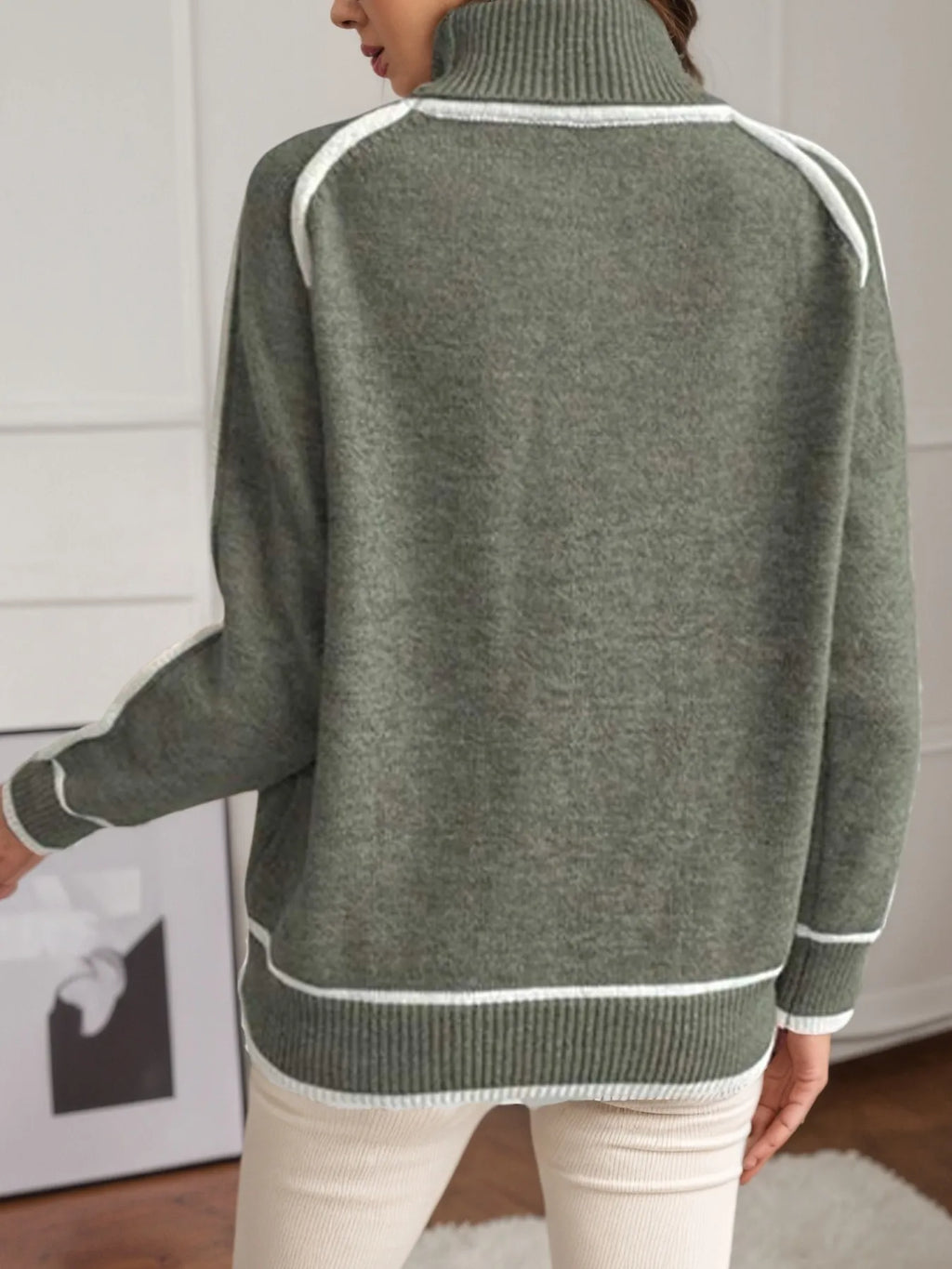 Sarah Express Women's Turtleneck Contrast Trim Sweater with Ribbed Details